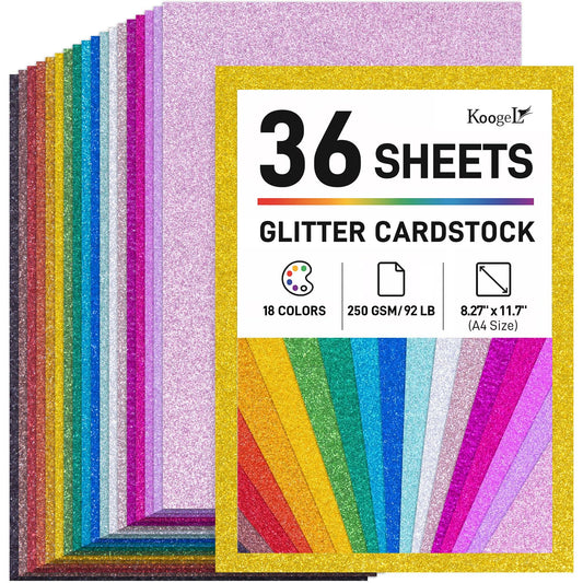 Koogel 36 Sheets Glitter Cardstock, 8.27" x 11.7" (A4 Size) 18 Colors, Heavyweight 250gsm Sparkle Paper for DIY Party Decorations & Scrapbooking, Arts and Crafts, Card Making, 92 lb / 250 GSM