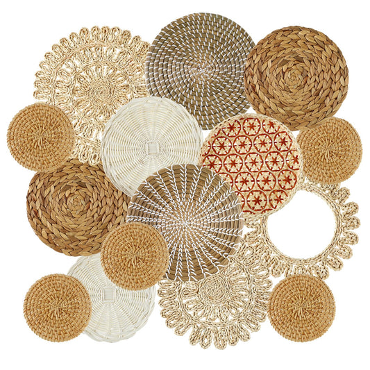 Xuhal 15 Pcs Boho Wall Basket Decor Handcrafted Seagrass Woven Wall Basket Rustic Round Woven Hanging Art for Home Farmhouse Kitchen Table Living Room(Fresh Style)