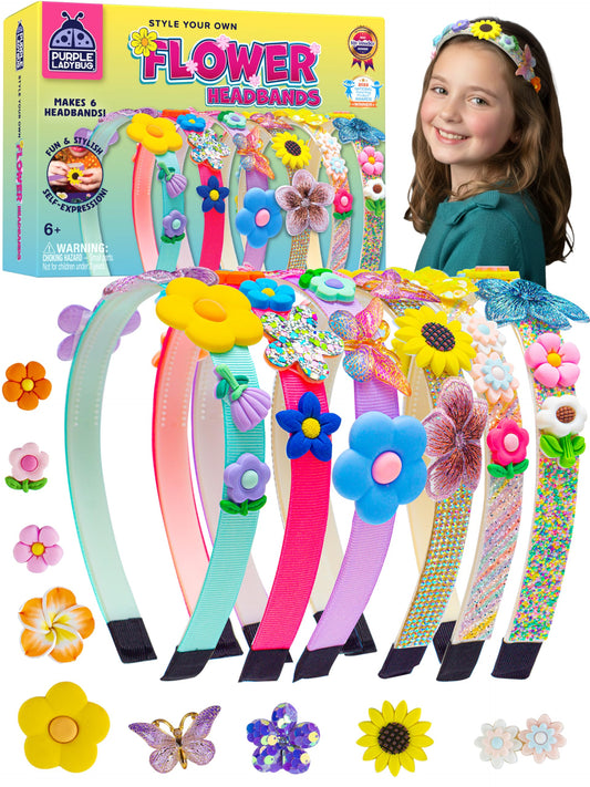 PURPLE LADYBUG Flower Headband Making Kit for Girls - Summer Toys for Kids Ages 4-8, Summer Crafts for Kids, 6 Year Old Girl Birthday Gift, Hair Accessories for Girls, Decorative Craft Activity Set