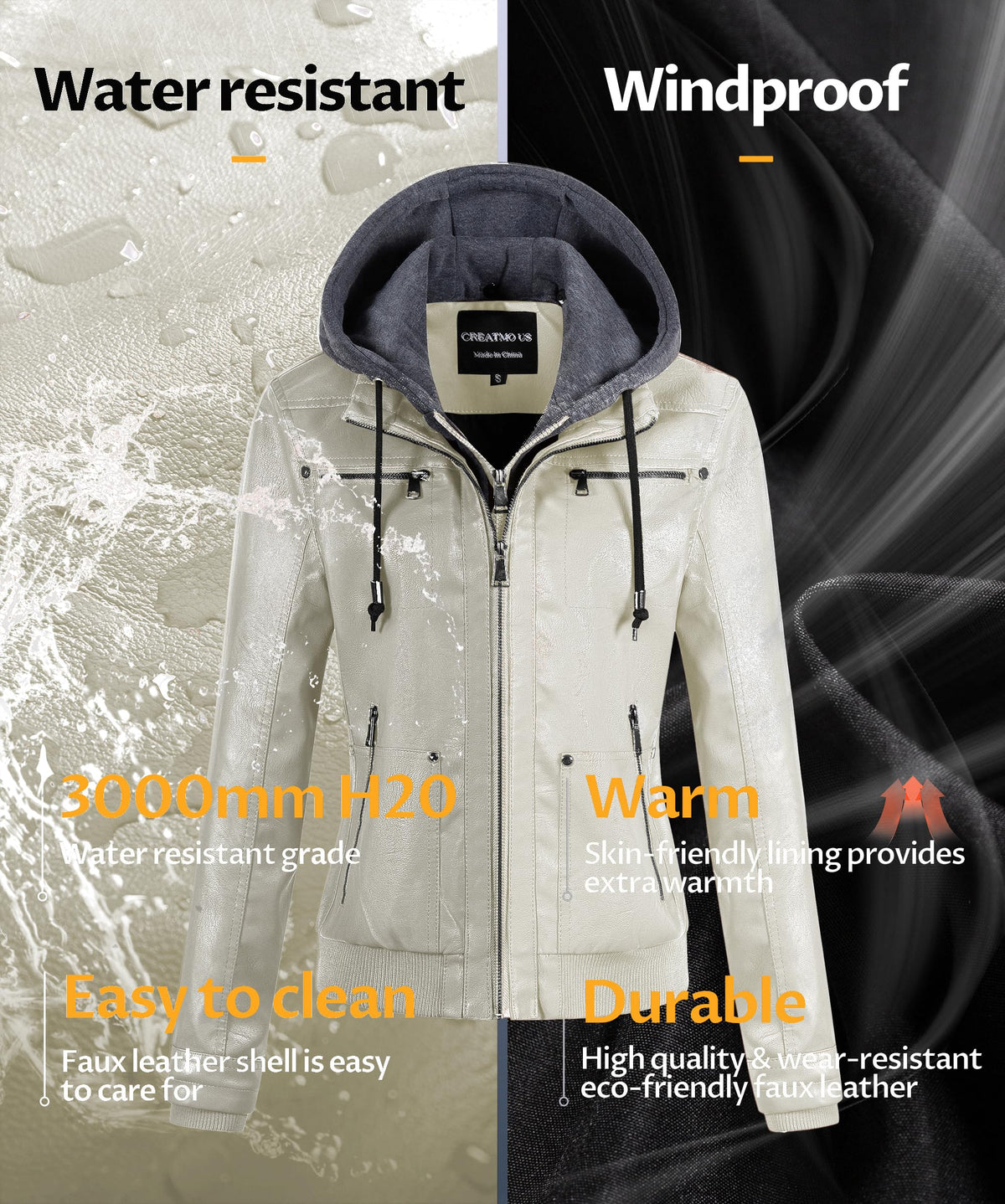 CREATMO US Jackets for Womens Faux Leather Motorcycle Fall Jacket Women's Fashion Clothes Lightweight Moto Biker Coat White 4XL