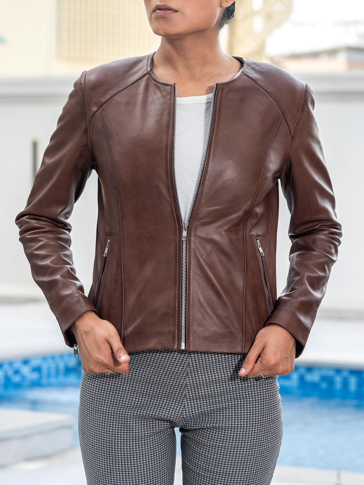 Jild Stylish Collarless Leather Jacket Women – Slim Fit Elegant Style Womens Lightweight Lambskin Leather Jacket (Bas.Wo-Cognac-4XL)