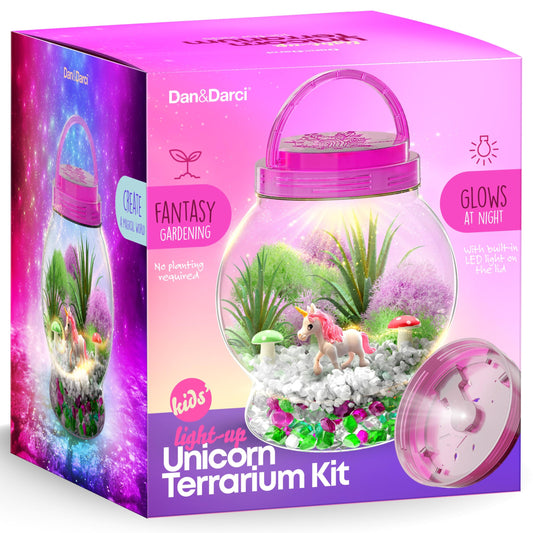 Dan&Darci Light-Up Unicorn Terrarium Kit for Kids - Kid Birthday Gifts - Best Unicorn Toys & Activities Kits Presents - Arts & Crafts for Girls & Boys Age 4 5 6 7 8-12 Year Old Girl Gift