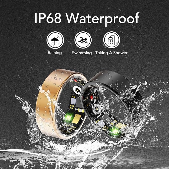 Smart Health Ring for Women Men Fitness Tracker with Heart Rate, Blood Oxygen, Blood Pressure, Sleep Monitoring, Step Counting, IP68 Waterproof for iOS and Android, No Subscription Fee, Gold 12