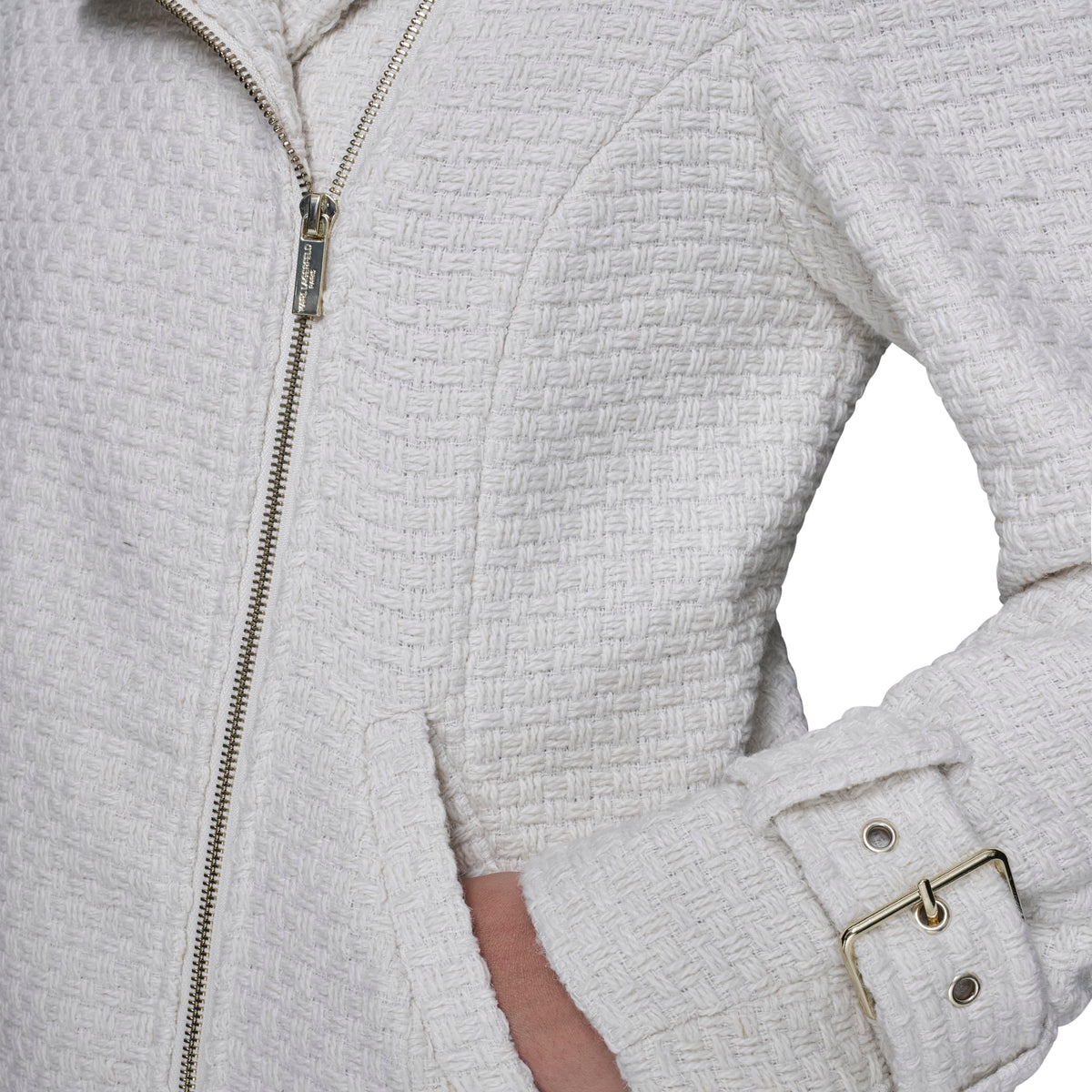KARL LAGERFELD Paris Women's Long Sleeve Soft Suiting Jacket with Zipper Closure, Cream, Small