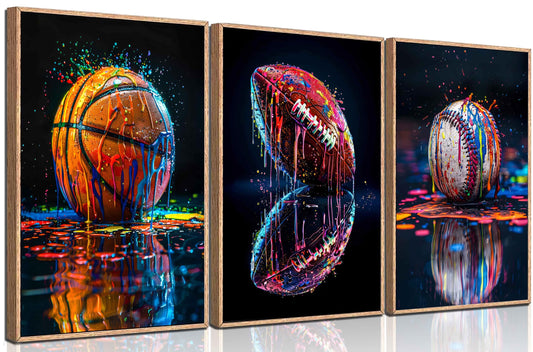 3Pcs Graffiti Sports Canvas Wall Art Boys Room Rustic Football Baseball Rugby Wall Decor Picture American Football Painting Posters Prints for Nursery Playroom Living Bedroom Decoration No Frames