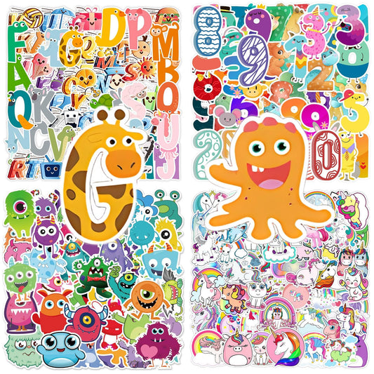 200pcs Reusable Waterproof Vinyl Stickers for Kids-Cartoon Animals Designs Unicorn Little Monster Numbers Letters, Laptop Skateboard No Residue Decals for Water Bottle (Boys&Girls) Bobiagooo