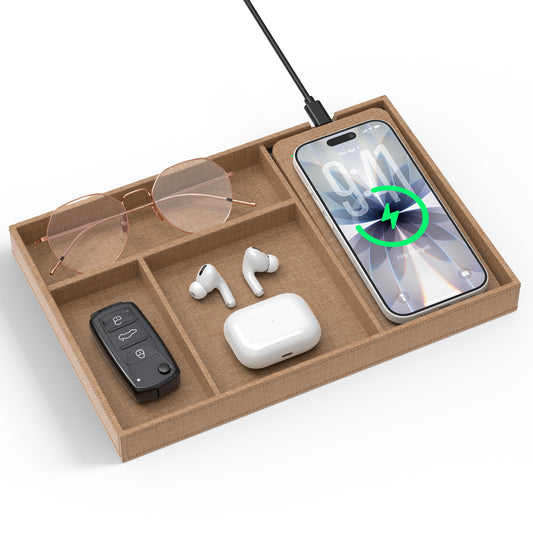 Valet Tray with Wireless Charger, Nightstand Organizer & Catchall Tray for Phone, Keys, Glasses and Accessories, Premium Linen, Stylish Desk & Bedside Storage Station