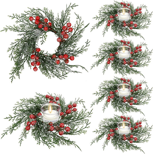 Skiennix Christmas Candle Rings - 6 Pcs Artificial Wreaths with Red Berries & Snowy Pine | Festive Table Centerpiece