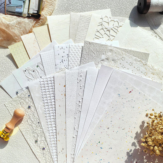 Flartmo 30 Sheets A5 White Textured Scrapbook Paper and Mesh Fabric Mix, Scrapbook Supplies for Junk Journaling, Scrapbooking, Card Making Supplies, Decorative Paper for Crafts & Mixed Media Art