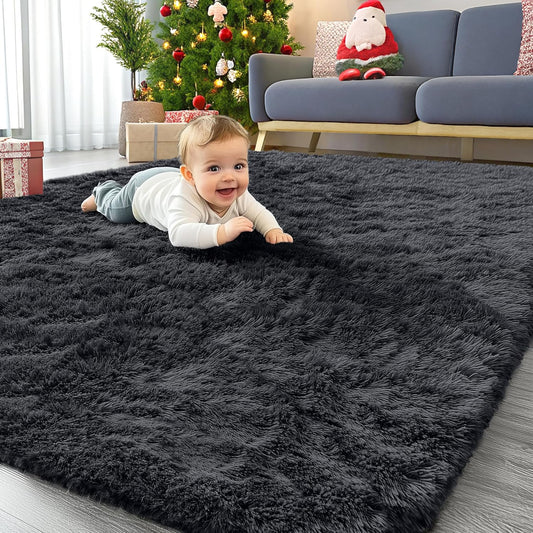 OLANLY Area Rug - Soft Fluffy Shaggy Design - Machine Washable 4x5.9 ft - Perfect for Living Room & Nursery Decor - Black