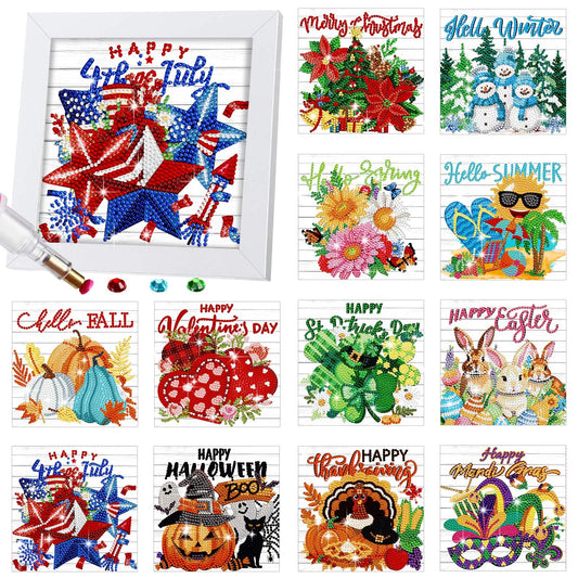 Trandraft 13 Pcs 4th of July Holiday Diamond Art Kits for Adults 250th Anniversary Favor 5d Interchangeable Seasonal Small Diamond Art Kits Framed Gem Painting for Table Decor DIY Craft Gift