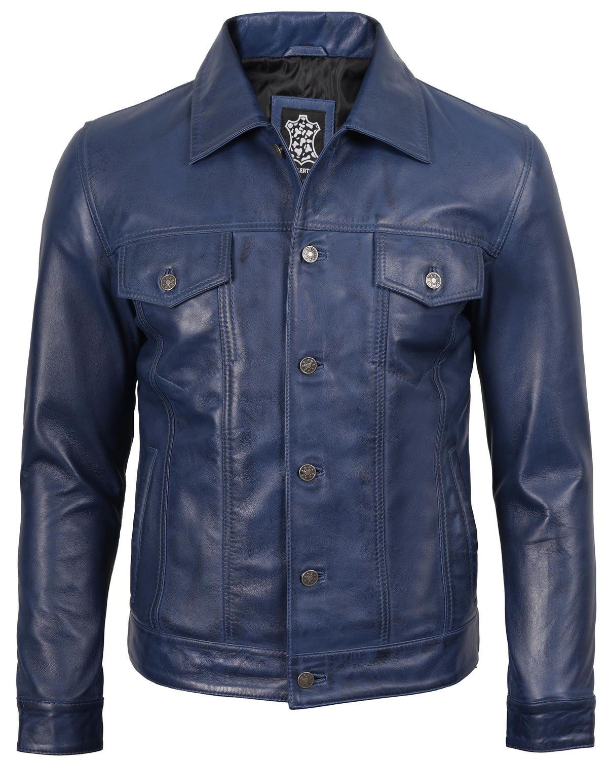 Decrum Men's Leather Jackets Shirt Vintage Collar | [1107333] Blue Frnando, M