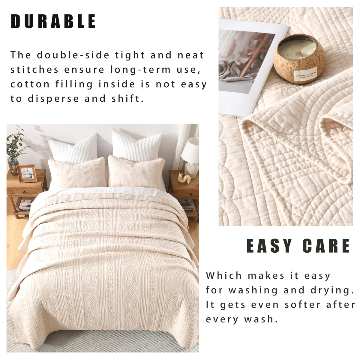 Homzard Quilts Queen Size Bedding Set, 100% Cotton Beige Queen Size Comforter Set,Wave Pattern Bedspread Set,Solid Modern Bedding Coverlet 3 Piece Bed Set, All Season