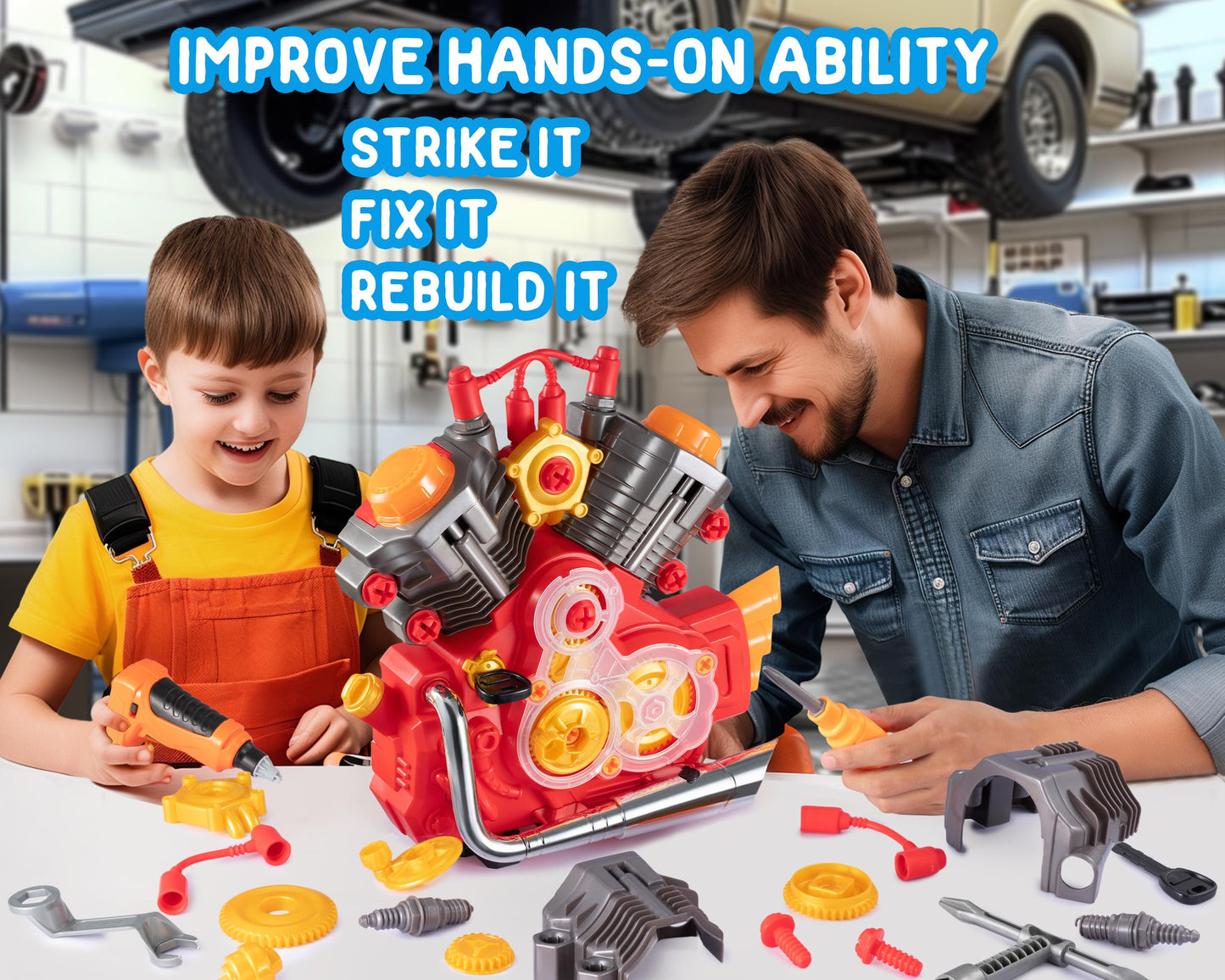 POFJOEQ Engine Building Kit, Kids Mechanic Repair Set for Kids Motorcycle Engine，Take Apart Toys-42pc Playset，STEM Engine Model Kit Toy with Cool Lights&Sounds，Educational Toys for 3+ Year Old (red)