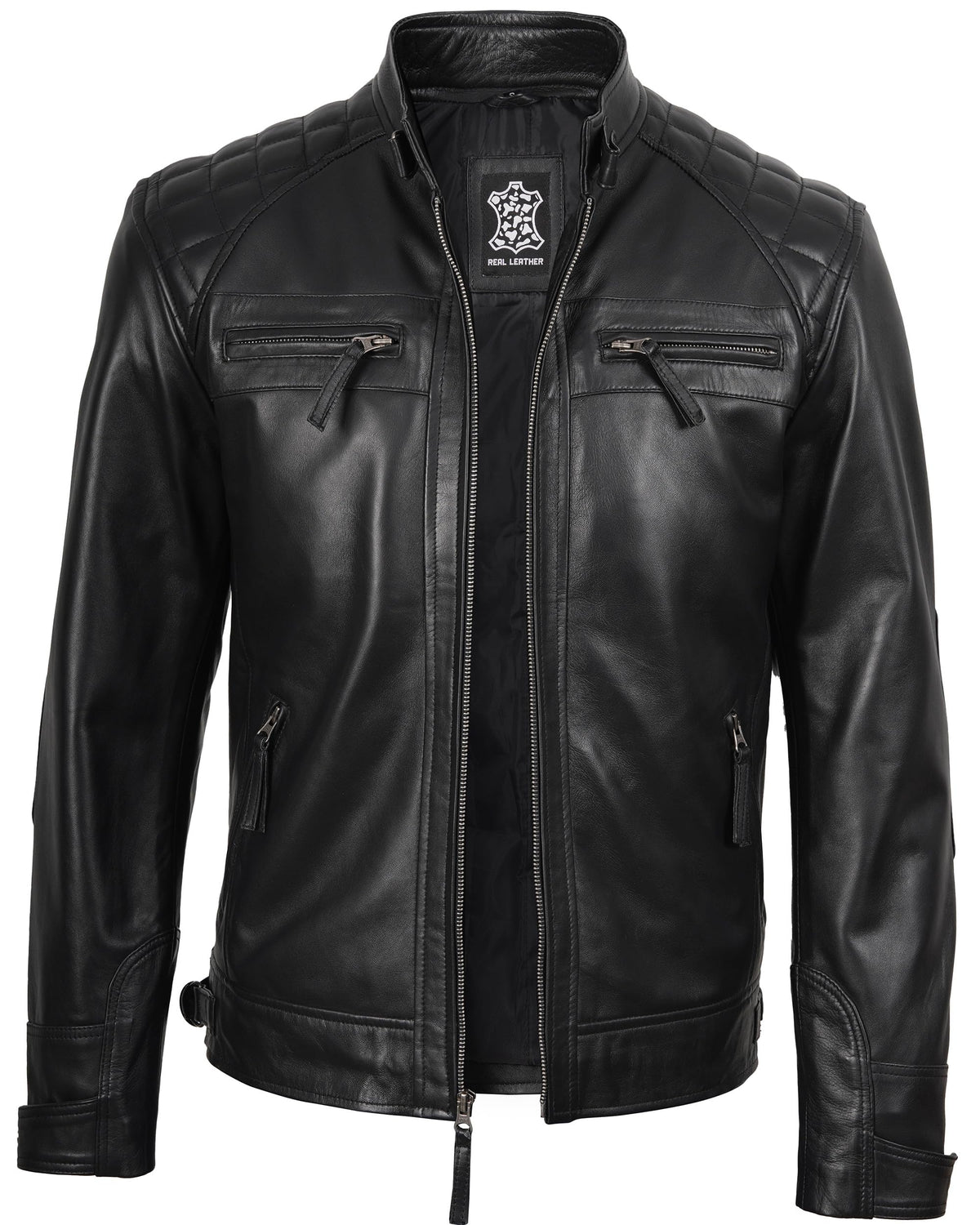 fjackets Real Lambskin Leather Biker Jacket — Quilted Cafe Racer Zip Up Moto Jacket Men Tall | [1118795] Johnson Black, XL
