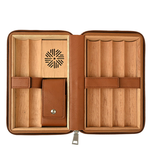 CIGAGROL Portable Cigar Humidor Travel Case, Leather & Wood Cigar Box with Humidifier for 6 Cigars, Ideal for Travel and Desktop Storage, Compact and Durable Design