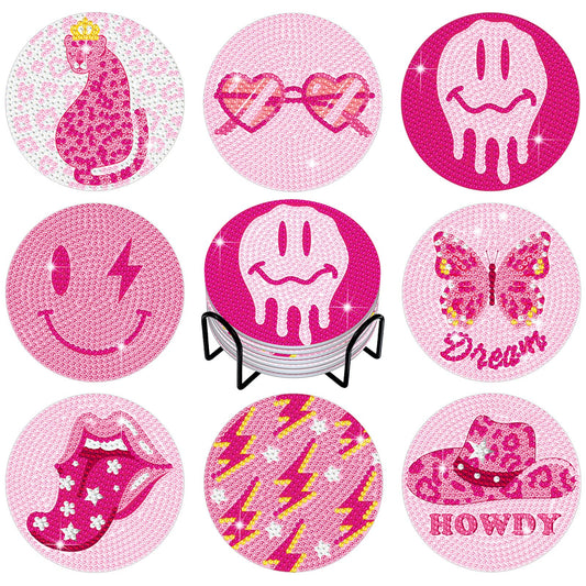 Shellwei 8 Pcs Pink Preppy Diamond Painting Art Coasters with Holder Y2k Smile Face Butterfly Diamond Art Coaster Kit DIY Craft Gift for Adults Beginners