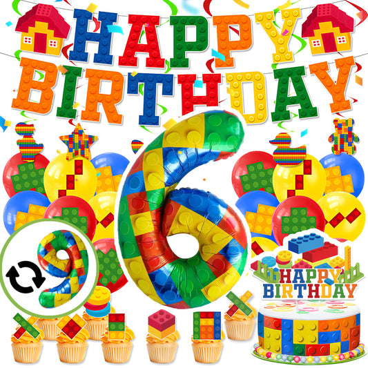Birthday Decorations 6 Year Old Boy – 6th or 9th Birthday Decorations – Building Blocks Party Kit – Number 9 or 6 Balloons, Banner, Cupcake & Cake Toppers – Brick Theme Party Supplies for Boys 6 or 9