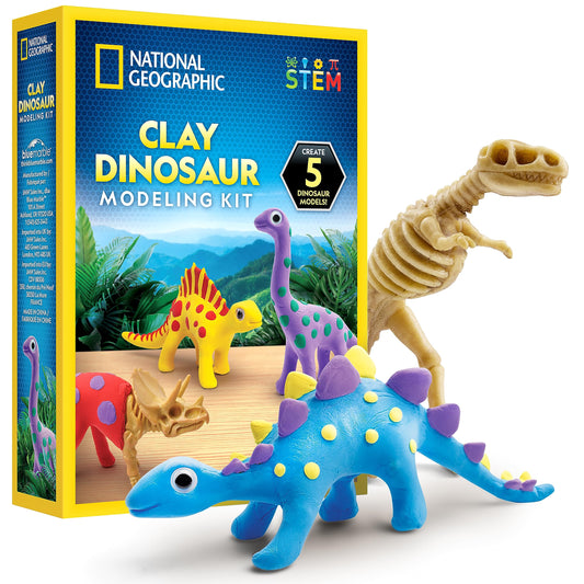 Blue Marble National Geographic Clay Dinosaur Arts & Crafts Kit - Air Dry Clay for Kids with 5 Clay Colors, 5 Dino Skeletons & Googly Eyes, Dinosaur Activity for Girls and Boys Ages 4 5 6 7 8 9 & 10
