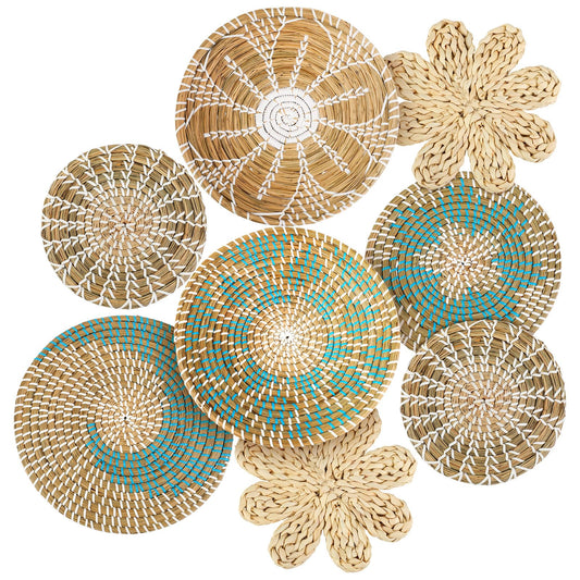 Xuhal 8 Pcs Boho Wall Basket Decor Decorative Bulrush Woven Basket Wall Decor Rustic Farmhouse Hanging Baskets for Kitchen Rustic Home Summer Decorations