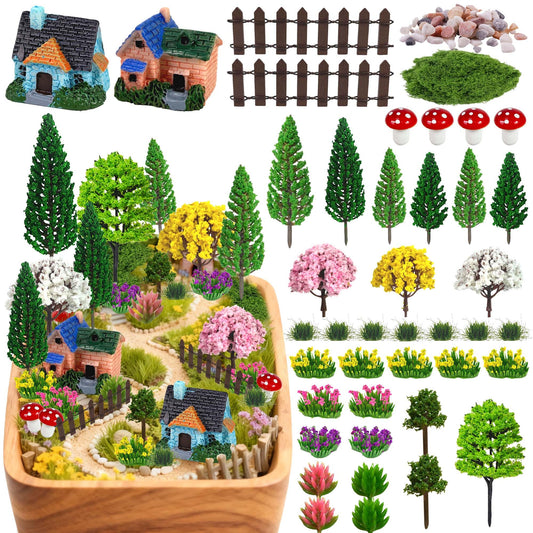 MOMOONNON 36pcs Garden Diorama Mini Garden Accessories Set Mixed Model Trees Flowers for Crafts Building Model Railway Fairy Scenery Landscape Supplies