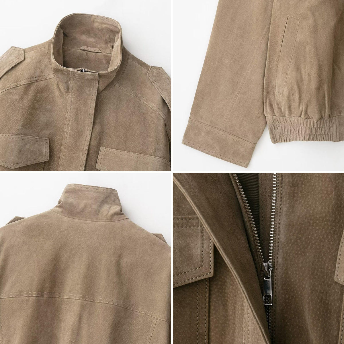 FindThy Women’s Suede Leather Jacket Vintage High Collar Long Sleeve Zip Up Oversized Outerwear Coat with Pockets(4196-Khaki-M-aLB)