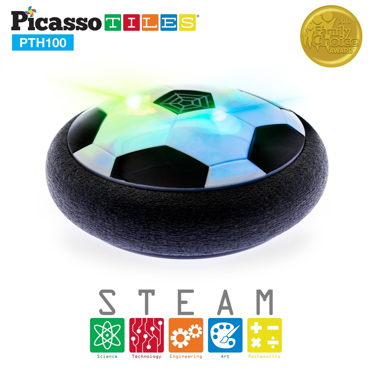 PicassoTiles Hoverball Air Hockey Soccer Floating Disc with LED Light Airlift Power Soft Bumper Indoor Gliding Toy Battery Operated Movement Training Game for Physical Activity Kids Age 3 Plus PTH100