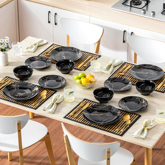 LOVECASA Plates and Bowls Sets for 4, 12 Pieces Porcelain Dinnerware Sets, Black and Gold Dish Set Gold Splash Dishware Sets, Dishwasher Microwave Safe