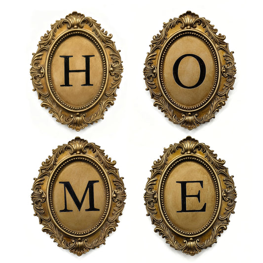 Stylor Vintage HOME Sign Gallery Wall Decor - Letters with Gold Frame Wall Sculpture, Antique Victoria Hanging Decor for Home Entryway, Oval Baroque Family Living Room Art