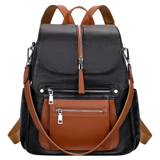 ALTOSY Leather Backpack Purse for Women Fashion Casual Handbag with Multi Pockets and Flap (S107 Black/Brown)