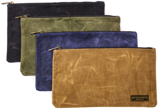 Readywares Waxed Canvas Zipper Pouch, Heavy Duty Canvas Tool Bags, 4 Colors: Tan, Olive, Navy, and Black, 12.5" x 7" - 4-Pack, Small Zipper Pouches for Organization