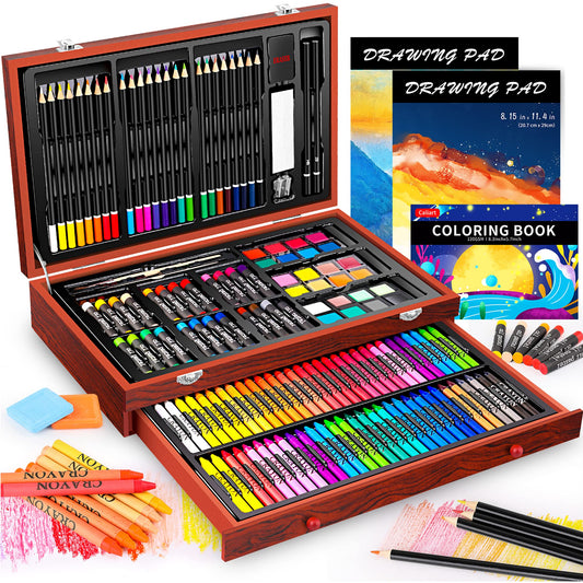 Caliart Art Supplies, 153-Pack Deluxe Art Set in Wooden Case, Crafts Drawing Painting Kits with 2 A4 Sketch Pads, Coloring Book, Birthday Gifts for Teens Girls Boys Kids Adults Artists