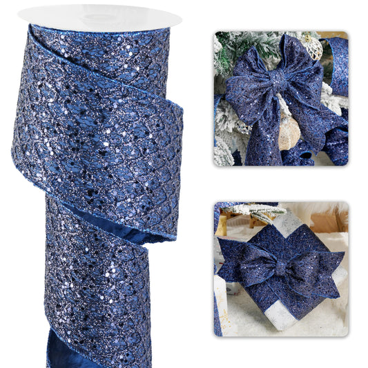 LIZLOVESS Navy Blue Christmas Ribbon 4" Glitter Mesh Wired Ribbon for Christmas Tree Blue Diamond Honeycomb Ribbon for Gift Wrapping, Crafts, Wreath Supplies, Garland, Tree Topper Bows - 10 Yards