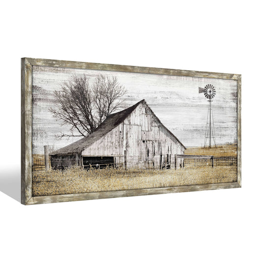 Barn Wall Art Decor Picture: Bedroom Framed Farmhouse Wooden Painting Rustic Horizontal Country Landscape Farm Windmill Print Long Panoramic Nature Scene Countryside Artwork for Living Room Bathroom