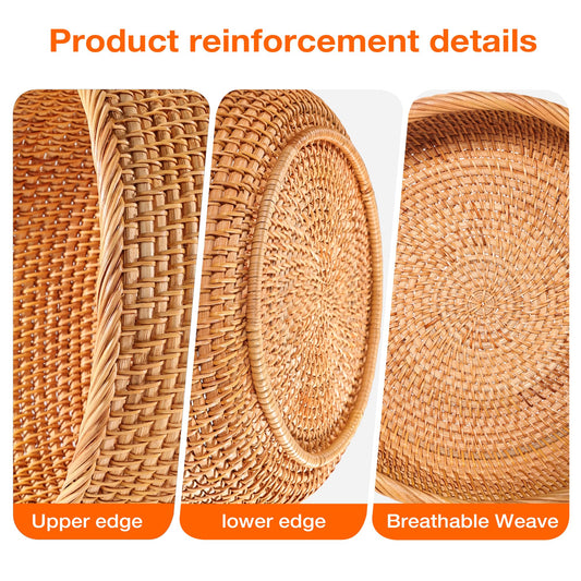 XALVYNQ Honey Brown Natural Rattan Bread Basket Set of 3 - Handwoven Round Wicker Serving Bowls for Fruit, Snacks, Kitchen Counter Organizing | Stackable Farmhouse Decor