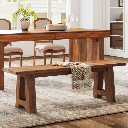 TRIBEWOOD Solid Wood Dining Bench with A-Shaped Legs, 55.12-Inch Farmhouse Entryway Bench Indoor for Hallway, Kitchen, Dining Room, Living Room (Brown)