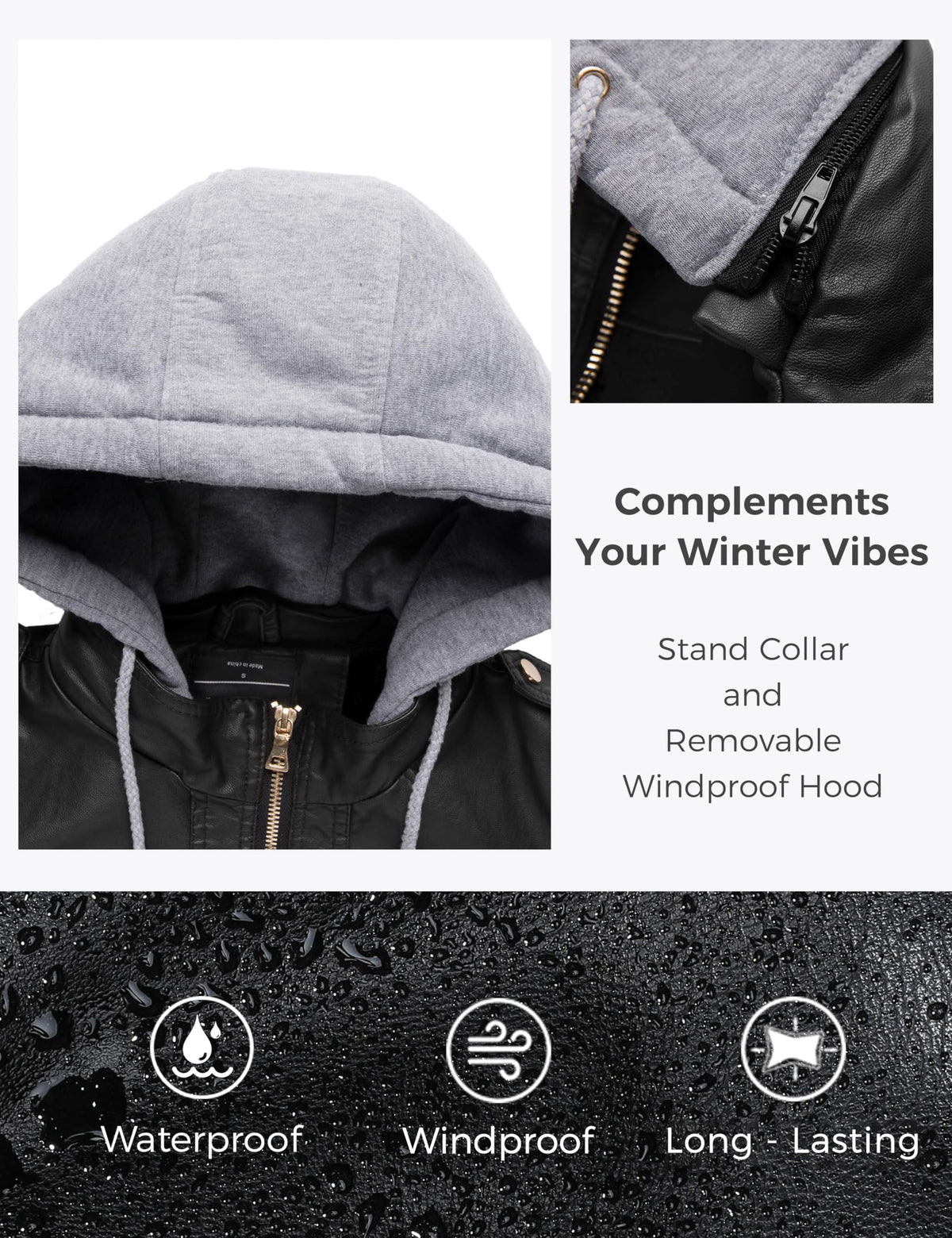 wantdo Women's Quilted Classic Faux Leather Short Jackets with Hood Black M