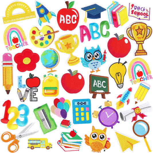 AUGSUN 36pcs Back to School Iron on Patches Pencil School Bus Embroidered Sew Applique Repair Patch Teacher Students DIY Crafts for Clothing Jacket Jeans Pants Dress Backpack Hat Decorations