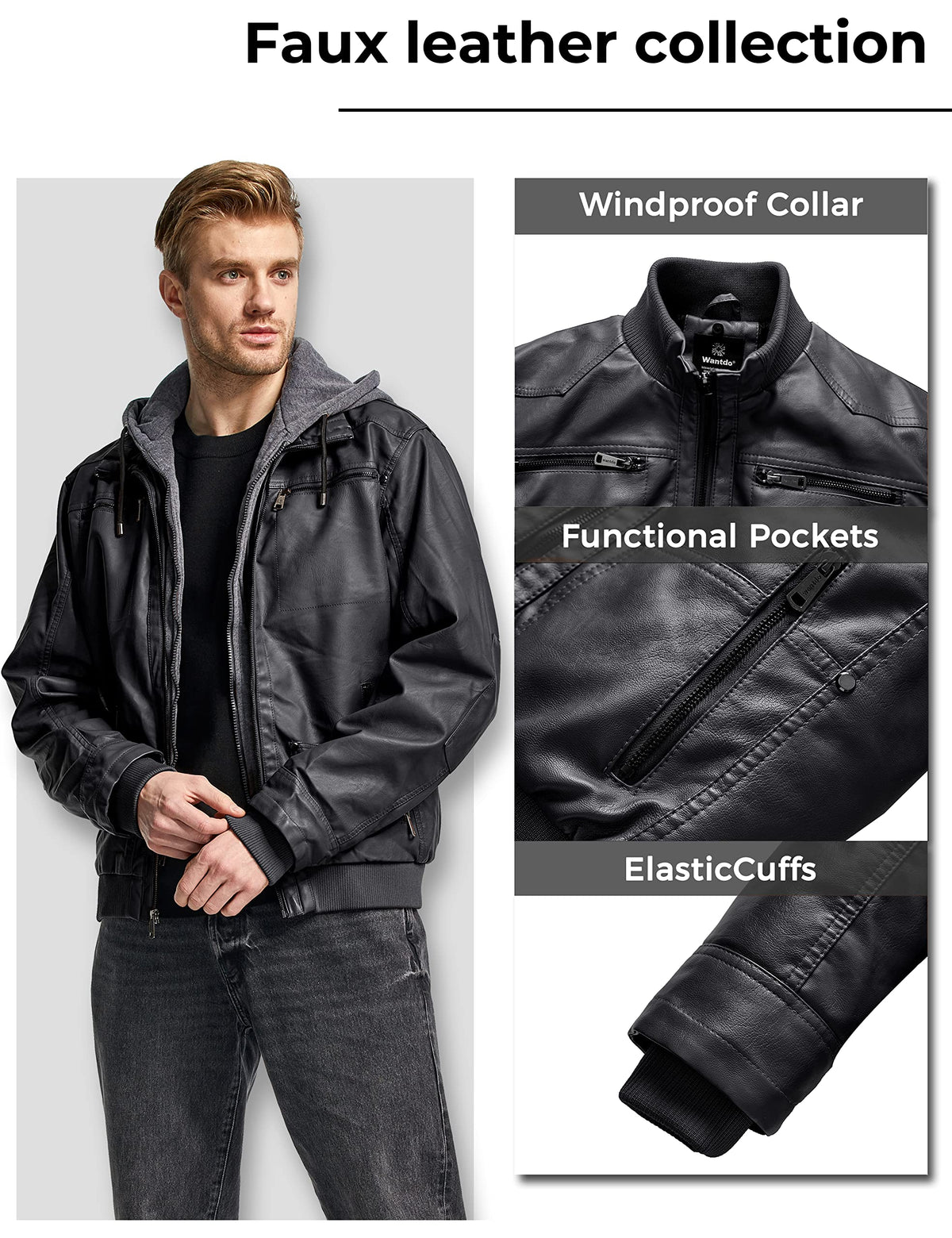 wantdo Men's Winter Warm Leather Jacket with Removable Hood Black Medium(Thick)