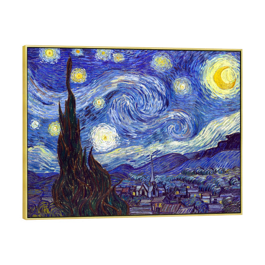 Wieco Art Large Framed Art Giclee Canvas Prints of Starry Night by Vincent Van Gogh Paintings Reproduction Post-Impressionism Artwork for Living Room Home Bedroom Decorations, 40x30inch (Framed)
