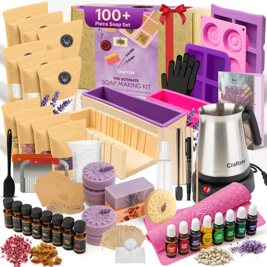 CraftZee 𝗦𝗨𝗣𝗘𝗥 𝗗𝗘𝗟𝗨𝗫𝗘 Soap Making Kit - All-in-One Soap Making Supplies with 6lbs Soap Base, 8 Dyes, 8 Essential Oils, Silicone Molds, Cutters, All Essential Tools & Instructions