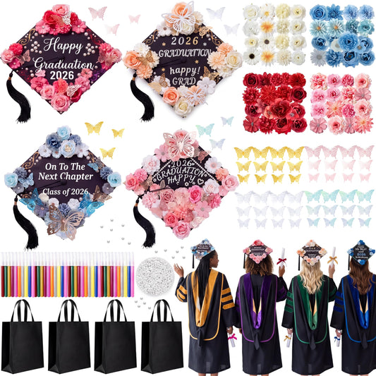 Gersoniel 180 Pcs Graduation Cap Decorations Kit 4 Adjustable Grad Cap, Faux Flower Heads 3D Butterfly Pearl Beads Glitter Glue Totes Bag for 2026 Graduation Dress Grad Hats Topper Party Craft DIY