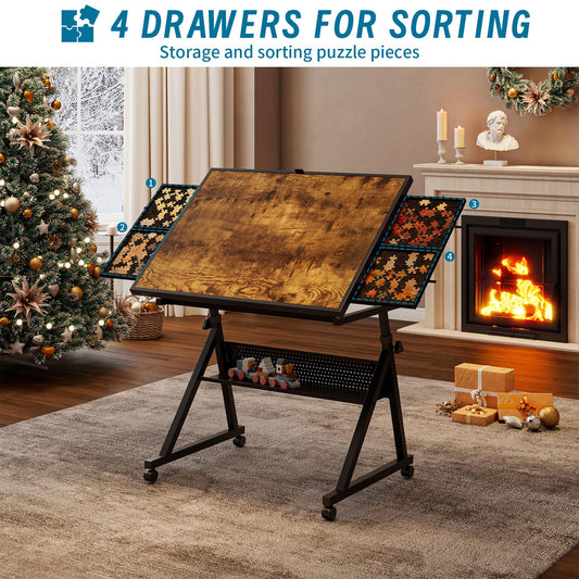 Adjustable Height & Angle Puzzle Table with Wheels, Jigsaw Puzzle Board for Adults, Metal Puzzle Desk with 4 Felt Trays, Wooden Protective Cover and Storage Shelf, Portable Puzzle Table,Brown & Black