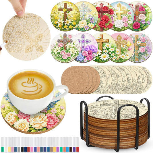Reallnaive 45 Pcs Cross Wooden Coasters Painting Kit, 4 Inch Paint Your Own Christian Coasters with Markers, Religious Easter Arts and Crafts for Adults Women Seniors Elderly Crafters Gifts