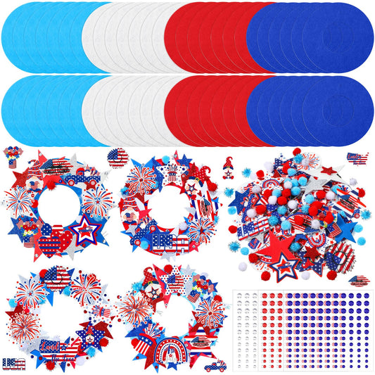 SmoothNovelty 405 Pcs 4th of July DIY Craft Kits Memorial Day Crafts Wreaths Patriotic Wreath Kits 32 Pcs Foam Wreath with 373 Patriotic Stickers for 250th Anniversary Independence Day Party Supplies