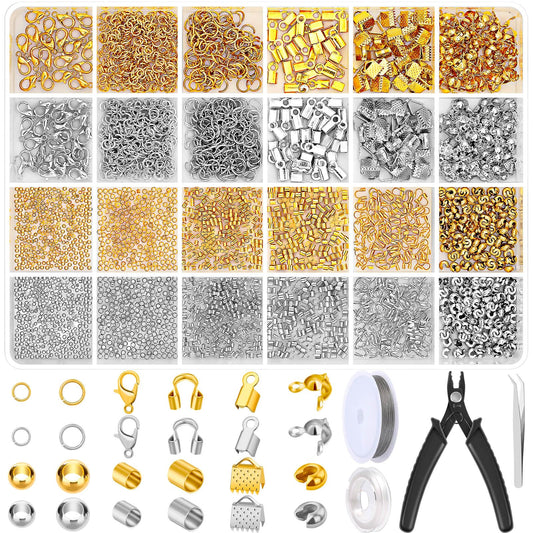 2384Pcs Crimp Beads Supplies for Jewelry Making, Including Crimp Bead Covers, Crimp Tubes, Bracelet Clasps and Closures, Crimp Ends, Jump Rings, Crimping Pliers and Beading Wire for Bracelets Making