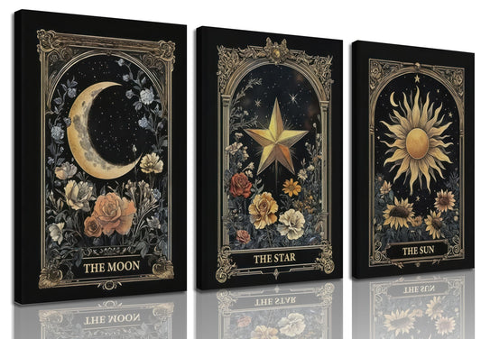 3Pcs Framed Vintage Tarot Celestial Canvas Wall Art Sun Moon Stars Wall Decor Pictures Gothic Dark Aesthetic Flower Posters Prints for Living Room Bedroom Home Decoration 12x16in