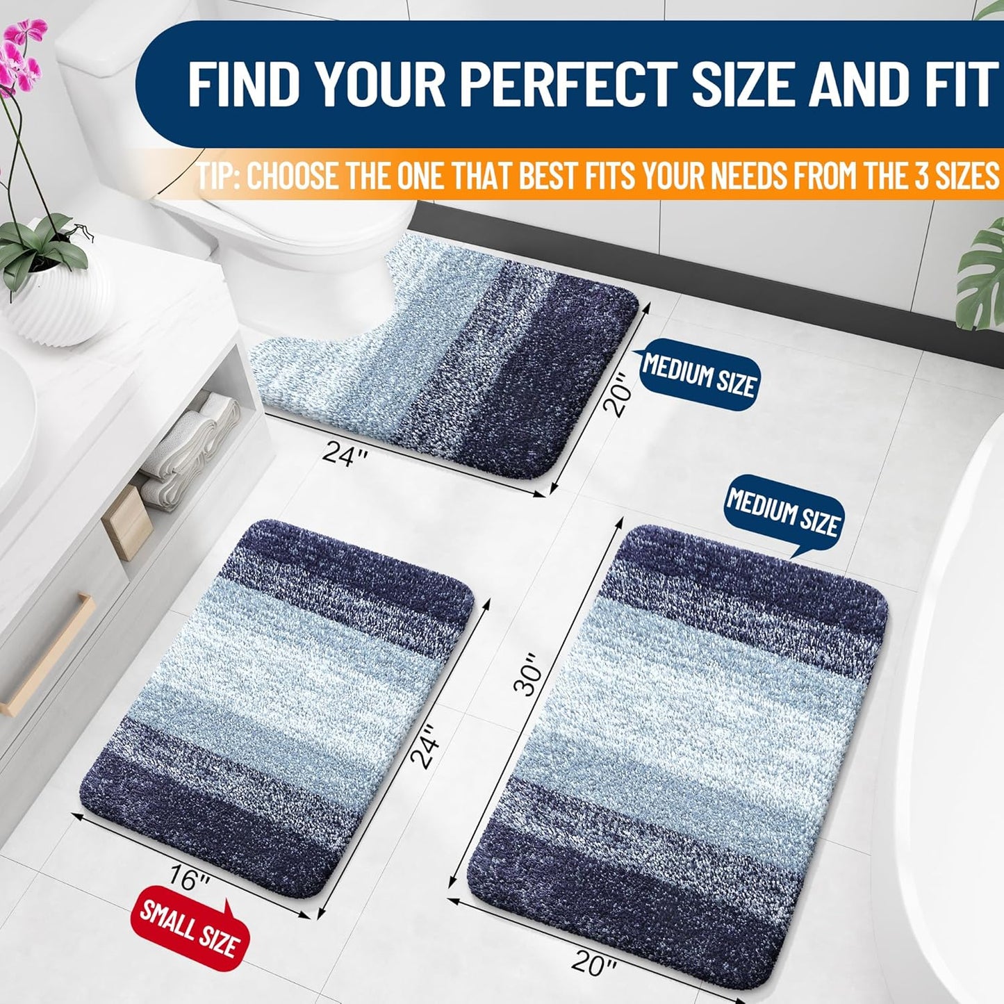 OLANLY Large Bathroom Rugs - Extra Soft Microfiber Mat 45x27 | Quick Dry, Washable, Rubber Backing - Airy Blue