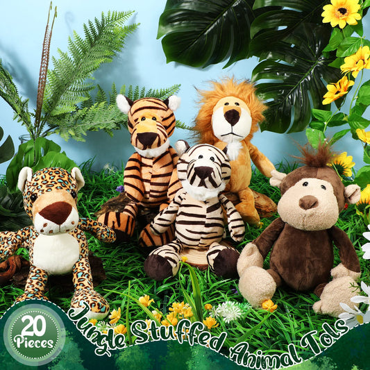 HyDren 20 Pcs Safari Stuffed Animals - 11.8'' Plush Jungle Wild Animals Cute Elephant, Giraffe, Lion, Tiger, Monkey Stuff Animals Soft Plush Animals in Bulk - Toy for Toddler, Baby Jungle Party