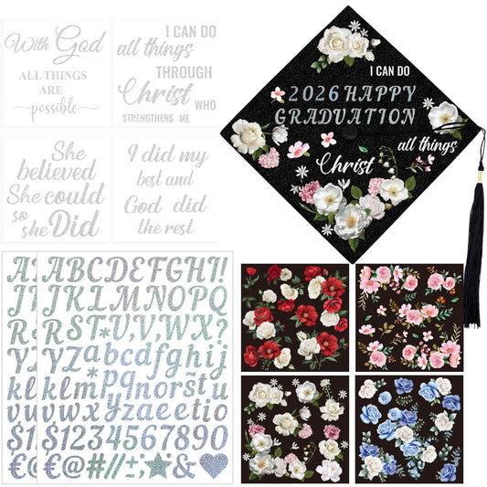 VISSTREE DIY Graduation Cap Decorations, 15 Pcs 2026 Grad Cap Decorations Kit with Glitter Religious Saying Alphabet Sticker Flower Stickers for Class of 2026 Craft Gifts Graduate Party Decor Supplies